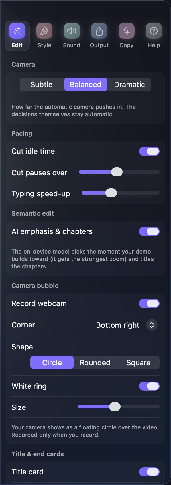 Edit settings: camera intensity, pacing, AI emphasis and chapters, and the camera bubble controls
