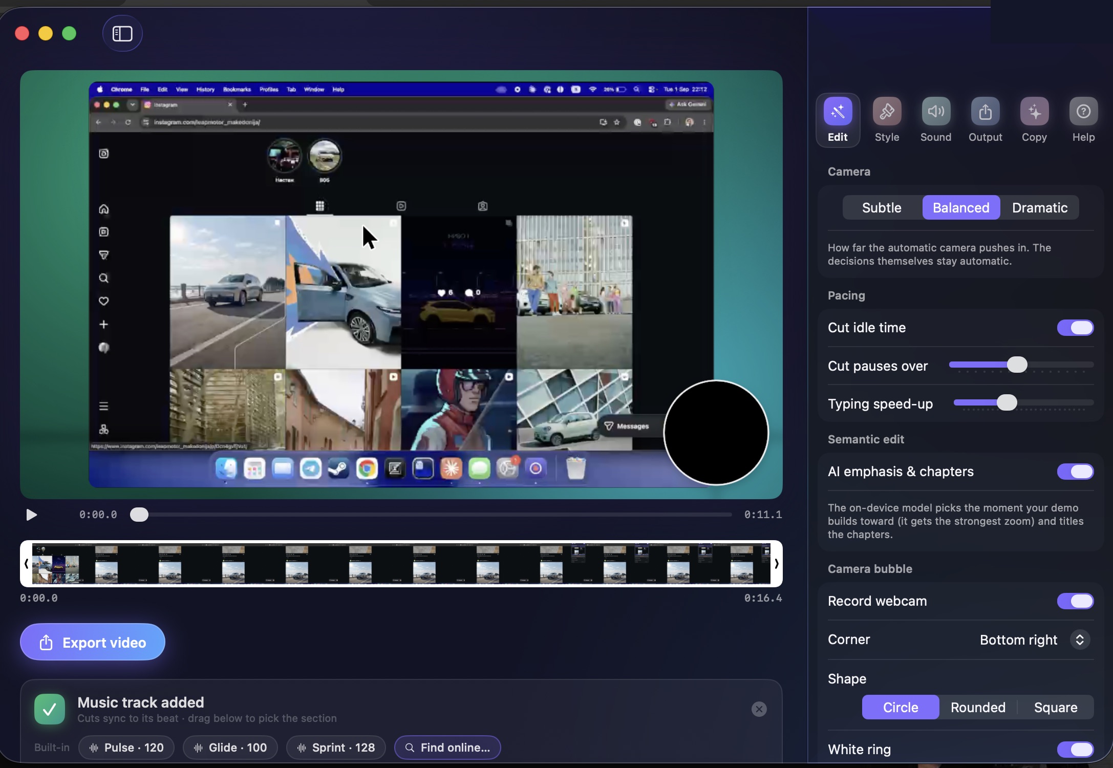 The Capta editor: live preview with camera bubble, filmstrip trim, music, and settings