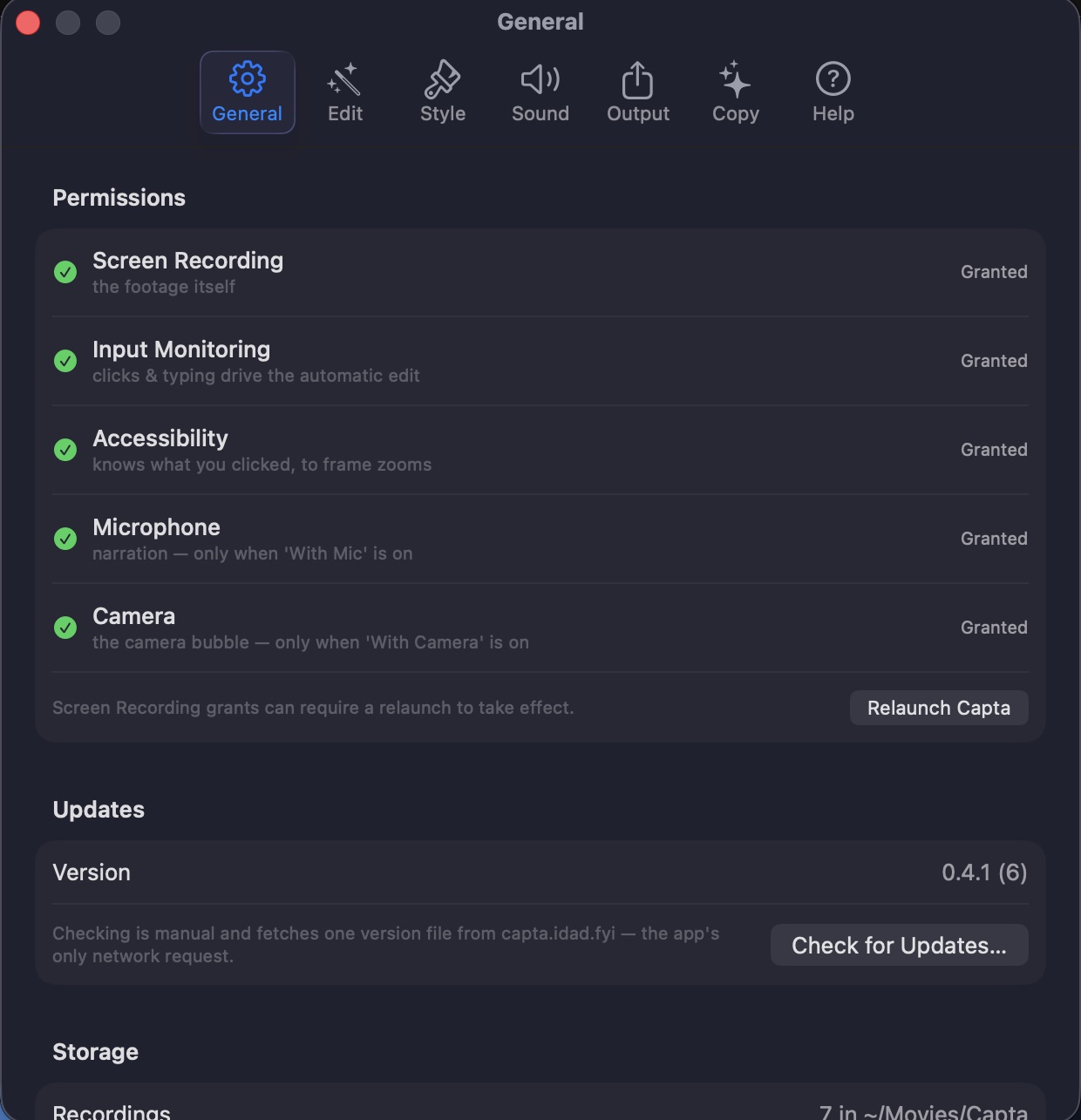 General settings: all five permissions granted, manual update check, storage