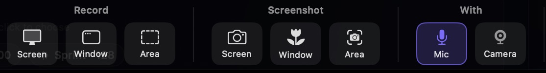 The capture panel: record or screenshot the screen, a window, or an area — with mic and camera toggles