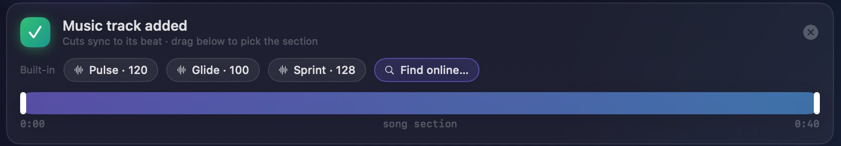 The music card: built-in tracks, online search, and a drag bar to choose the song section